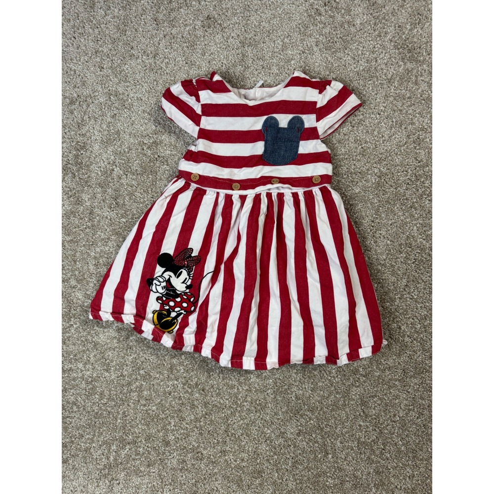 Disney Baby Minnie Mouse Red White Striped Dress Denim Pocket 12-18M